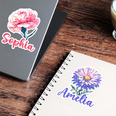 Personalized Name Birth Flower Sticker, Vinyl Decal for Laptop/Stationery/Office Supply/Bottle, Floral Label Tag, Birthday Gift for Her/Friends/Women