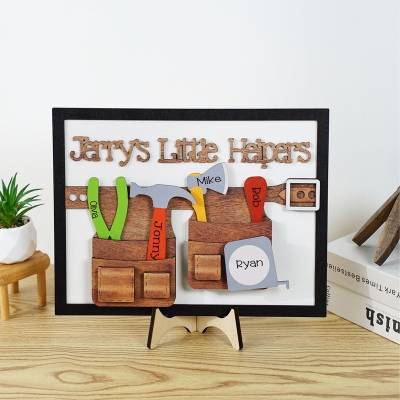 Personalized Names Tool Belt Design Wooden Sign with Base, Family Table Counterpiece, Home Decor, Birthday/Father's Day Gift for Him/Dad/Grandpa