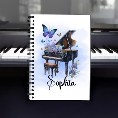 Custom Name Birth Flower Piano Design Notebook, Softcover A5 Spiral Journal, Birthday/Memorial/Back to School Gift for Music Lovers/Her/Friends
