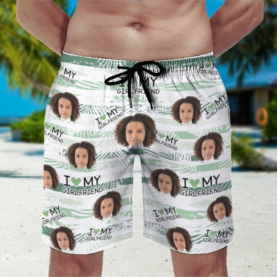 Personalized Face Photo Striped Beach Shorts, Men's Swim Trunks with Drawstring, Summer Vacation Outfit, Birthday/Valentine's Day Gift for Him/Husband