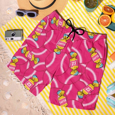 Candy Baseball Board Shorts – Colorful Sports Themed Swim Trunks for Men, Summer Beachwear Gift