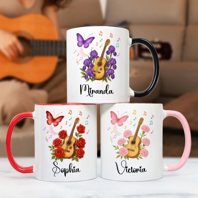 Custom Name Birth Flower Guitar Mug, 11oz Two Tone Ceramic Coffee Tea Mug, Butterfly & Music Notes Cup, Birthday/Anniversary Gift for Music Lovers