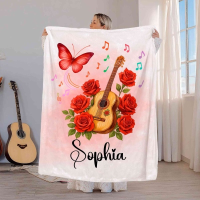 Personalized Name Birth Flower Guitar Blanket, Flannel/Sherpa Soft Bed Couch Throw, Home Decor, Birthday/Anniversary Gift for Music Lovers/Guitarists