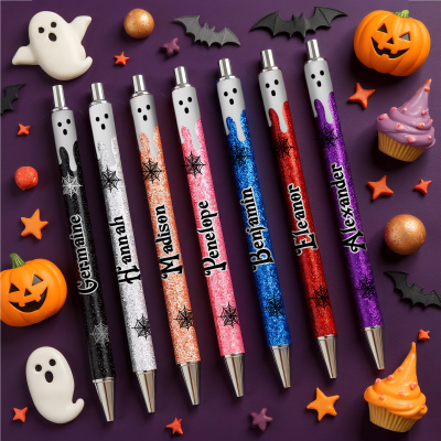 Personalized Name Halloween Glitter Pen, Spooky Ghost Spider Web Design Bullet Dot Pen, Halloween Party Favor, Halloween Gift for Children/Students