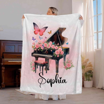 Custom Name Birth Flower Piano Design Blanket, Flannel/Sherpa Soft Bed Couch Throw, Home Decor, Birthday/Anniversary Gift for Music Lovers/Pianists