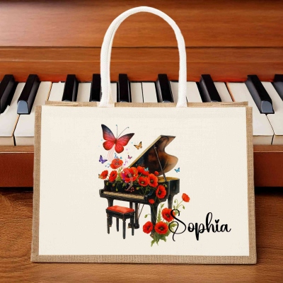 Personalized Birth Flower Piano Design Tote Bag with Name, Large Capacity Jute Handbag, Birthday/Anniversary Gift for Music Lovers/Pianists