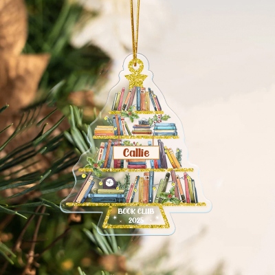 Personalized 1-9 Names Tree of Books Ornament, Acrylic Christmas Tree Hanging Decoration, Christmas Gift for Book Lovers/Readers/Family/Friends