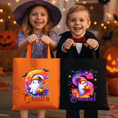 Personalized Initial & Name Spooky Ghost Tote Bag, Large Capacity Halloween Canvas Handbag, Trick or Treat Bag, Halloween Gift for Kids/Boys/Girls