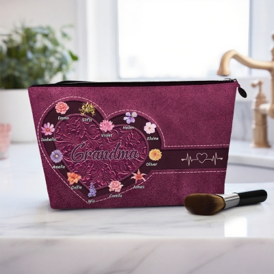 Custom Names & Birth Flowers Toiletry Bag, Multicolor Heart Floral Travel Makeup Pouch with Zipper, Birthday/Mother's Day Gift for Her/Mom/Grandma