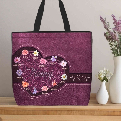 Custom Names & Birth Flowers Tote Bag, Multicolor Large Capacity Heart Floral Handbag, Birthday/Anniversary/Mother's Day Gift for Her/Mom/Grandma