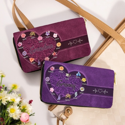 Personalized Names & Birth Flowers PU Leather Wallet, Heart Floral Zip Around Clutch Purse with Phone & Card Holders, Gift for Mom/Grandma/Women