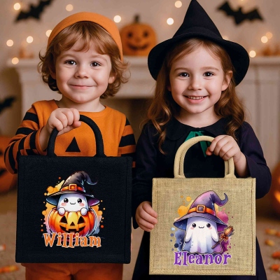 Personalized Spooky Ghost Tote Bag with Name, Large Capacity Halloween Jute/Linen Handbag, Trick or Treat Bag, Halloween Gift for Kids/Boys/Girls