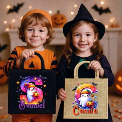 Personalized Initial & Name Spooky Ghost Tote Bag, Large Capacity Halloween Jute/Linen Handbag, Trick or Treat Bag, Halloween Gift for Kids/Boys/Girls