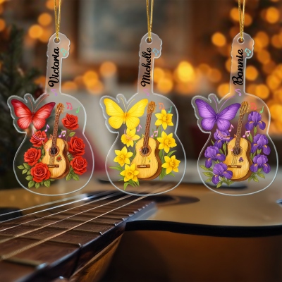 Personalized Name Birth Flower Guitar Christmas Ornament, Acrylic Christmas Tree Hanging Decoration, Christmas Gift for Music Lovers/Guitarists