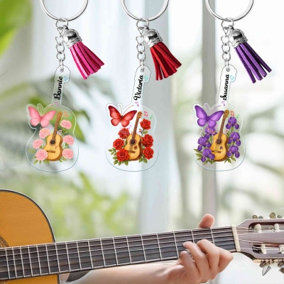 Custom Name Birth Flower Guitar Keychain, Floral Guitar Keyring with Tassel, Acrylic Bag Charm, Birthday/Christmas Gift for Music Lovers/Guitarists