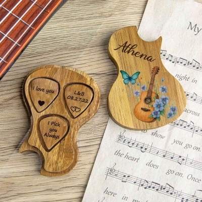 Custom Name Birth Flower Guitar Picks with Storage Case, Wooden Holder Box & 3PCS Guitar Plectrums Set, Birthday Gift for Guitarists/Music Lovers