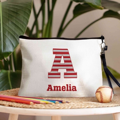 Custom Name Camo/Stripes/Sports Design Cosmetic Bag with Initials/Numbers, Linen Makeup Pouch with Wrist Strap, Birthday/Back to School Gift for Youth
