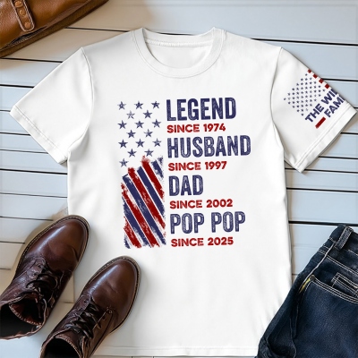 Personalized Name Stars & Stripes Legend Husband Dad Grandpa T-Shirt, Multicolor Cotton T-Shirt, Birthday/Father's Day Gift for Husband/Dad/Grandpa