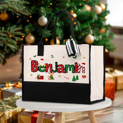 Personalized Christmas Alphabet Tote Bag with Name, Large Capacity Canvas Handbag, Holiday Party Favor, Christmas Gift for Her/Mom/Kids/Family