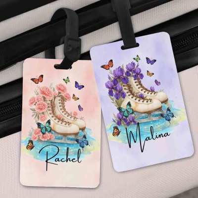 Personalized Name Birth Flower Ice Skates Design Luggage Tag, Bag Tag Travel Accessories, Birthday/Christmas Gift for Ice Skating Lovers/Players