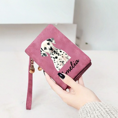 Personalized Name Watercolor Pet Portrait Tri-Fold Wallet, Women's Leather Wallet Card Phone Holder with Wrist Strap, Gift for Pet Lovers/Owners