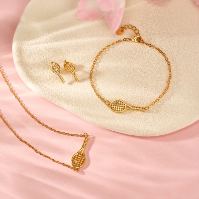 Personalized Tennis Racket Jewelry Set with Birthstone – Custom Necklace, Earrings & Bracelet, Thoughtful Gift for Tennis Lovers