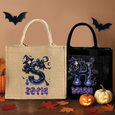 Personalized Initial & Name Halloween Witch Tote Bag, Large Capacity Jute/Linen Handbag, Trick or Treat Candy Bag, Halloween Gift for Kids/Boys/Girls