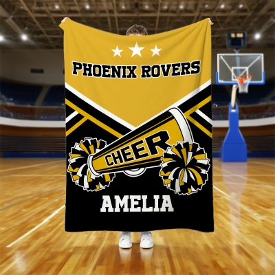 Custom Name Cheer Megaphone & Pom Poms Blanket, Flannel/Sherpa Bed Couch Throw, Cheerleading Keepsake Home Decor, Gift for Cheerleaders/Cheer Team