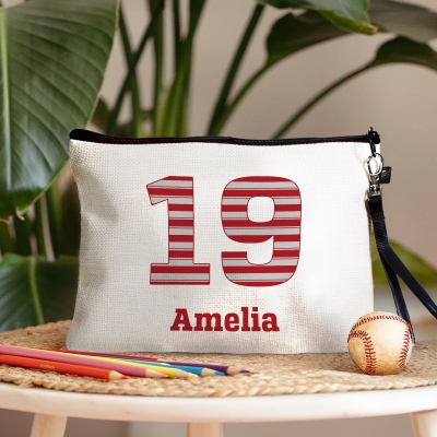 Custom Name Camo/Stripes/Sports Design Cosmetic Bag with Initials/Numbers, Linen Makeup Pouch with Wrist Strap, Birthday/Back to School Gift for Youth