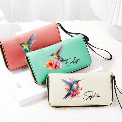 Personalized Name Hummingbird PU Leather Wallet, Women's Zip Around Clutch Purse with Wrist Strap, Birthday/Mother's Day Gift for Her/Mom/Grandma