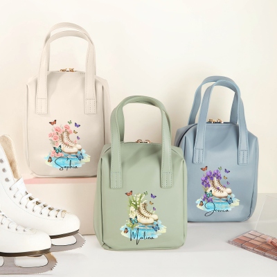 Custom Name Birth Flower Ice Skates Design Portable PU Leather Makeup Bag with Handle, Travel Accessories, Birthday Gift for Ice Skating Lovers/Girls