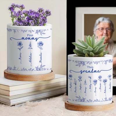 Personalized Name Birth Flower Toile de Jouy Plant Pot, Ceramic Planter with Drainage & Bamboo Tray, Birthday/Mother's Day Gift for Her/Mom/Grandma