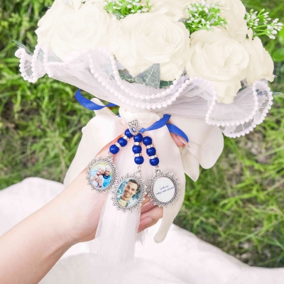 Personalized Photo/Text Bridal Bouquet Charm with Beads & Ribbon, Photo Collage Memory Charm, Something Blue Something Old, Wedding Gift for Brides