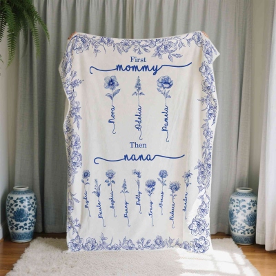 Custom Names & Birth Flowers Toile De Jouy Mom's Blanket, Flannel/Sherpa Soft Bed Couch Throw, Home Decor, Birthday/Mother's Day Gift for Mom/Grandma