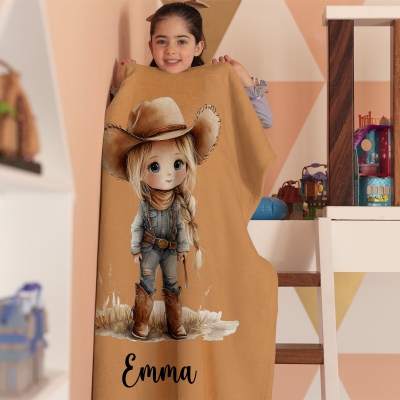 Personalized Name Cartoon Cowgirl/Cowboy Character Blanket, Flannel/Sherpa Soft Bed Couch Throw, Birthday/Christmas Gift for Kids/Boys/Girls