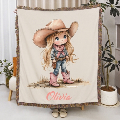 Personalized Name Cartoon Cowgirl/Cowboy Character Blanket with Tassels, Flannel Soft Bed Couch Throw, Birthday/Christmas Gift for Kids/Boys/Girls