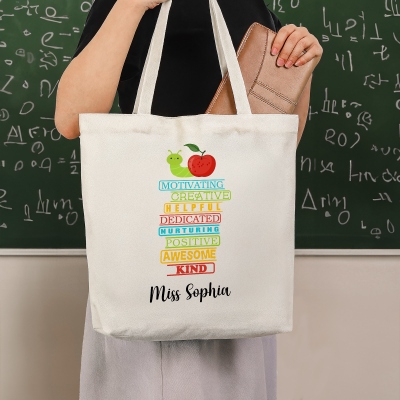 Personalized Name Apple & Caterpillar Positive Words Teacher Tote Bag, Large Capacity Canvas Handbag, Back to School/Appreciation Gift for Teachers