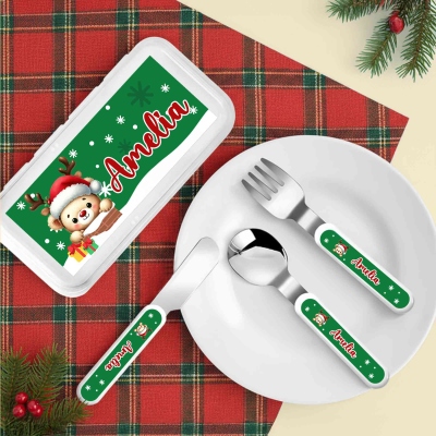 Personalized Name Cartoon Christmas Animal Cutlery Set with Box, Food Grade Stainless Steel Knife, Fork & Spoon Set, Christmas Gift for Kids/Toddlers