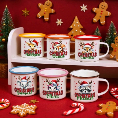 Custom Name Cartoon Christmas Animal Enamel Mug, 12oz Shatterproof Cup with Handle, Christmas Stocking Stuffer, Christmas Gift for Kids/Boys/Girls
