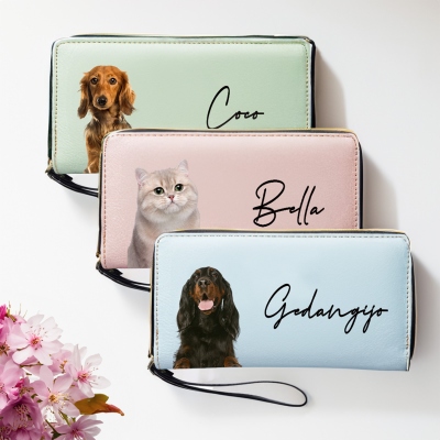Personalized Pet Photo & Name PU Leather Wallet, Women's Zip Around Clutch Purse with Wrist Strap, Birthday/Anniversary Gift for Pet Lovers/Owners