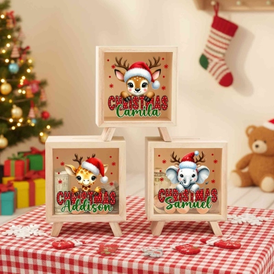 Personalized Cartoon Christmas Animal Piggy Bank with Name, Wooden Clear Window Money Box, Holiday Party Favor, Christmas Gift for Kids/Boys/Girls