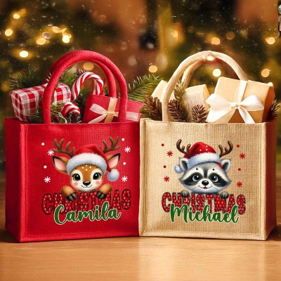 Personalized Cartoon Christmas Animal Design Tote Bag with Name, Large Capacity Jute Bag, Holiday Party Favor, Christmas Gift for Kids/Family