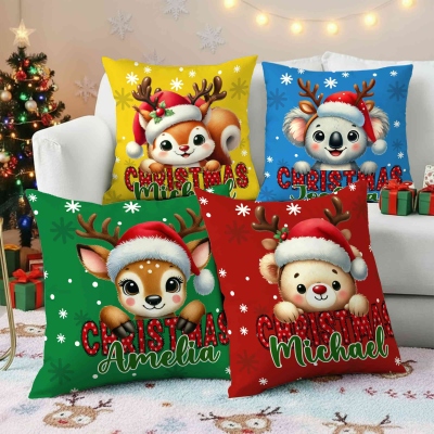 Personalized Name Cartoon Christmas Animal Throw Pillow Cover, Pillowcase with Optional Insert, Home Decor, Christmas Gift for Kids/Family/Friends