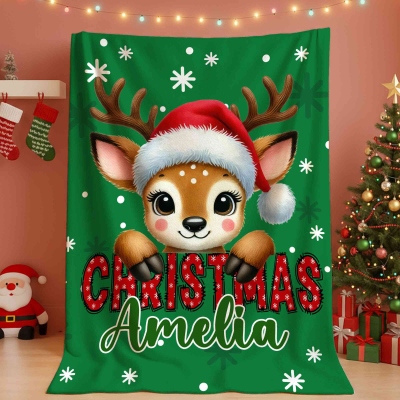 Personalized Name Cartoon Christmas Animal Design Blanket, Flannel/Sherpa Soft Bed Couch Throw, Home Decor, Christmas Gift for Kids/Family/Friends