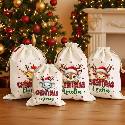 Personalized Name Cartoon Animal Christmas Gift Bag, Canvas Christmas Sack with Drawstring, Holiday Party Favor, Christmas Gift for Kids/Family