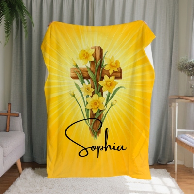 Personalized Name Birth Flower Cross Golden Radiance Blanket, Flannel/Sherpa Christian Throw, Home Decor, Birthday/Christmas Gift for Her/Mom/Friends
