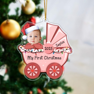 Custom Name & Face Photo Baby's First Christmas Ornament, Baby in Stroller Acrylic Ornament, Holiday Tree Hanging Decor, Christmas Gift for Newborns