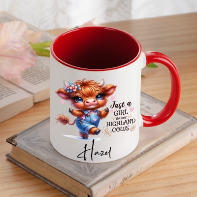 Personalized Cartoon Highland Cow Mug with Name, 11oz Two Tone Just a Girl Who Loves Highland Cows Ceramic Mug, Gift for Highland Cow Lovers/Girls