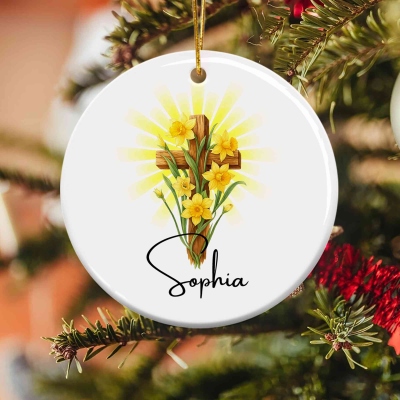 Custom Name Birth Flower Cross Golden Radiance Ornament, Ceramic Christmas Tree Hanging Ornament, Christian Holiday Decor, Christmas Gift for Family