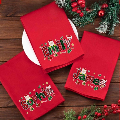 Custom Name Cartoon Christmas Theme Napkin, Christmas Tree Santa Elk Red Napkin, Dinner Accessories, Housewarming/Christmas Gift for Hostess/Family